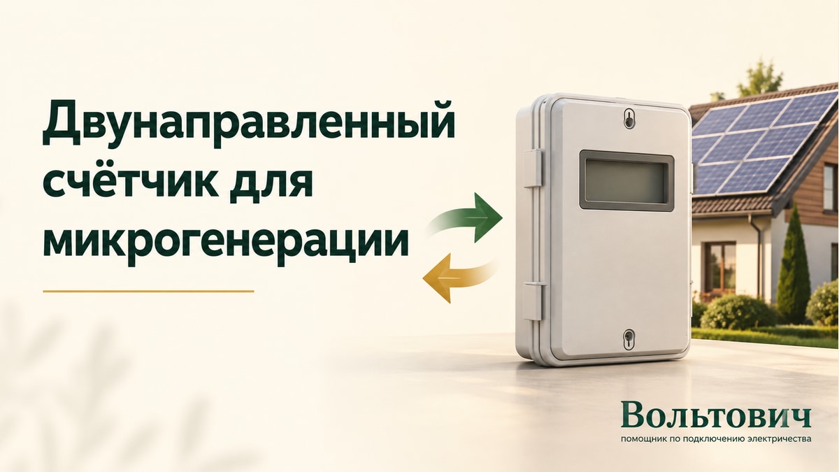 Счётчик у частного дома с солнечными панелями; стрелки обозначают два направления потока энергии