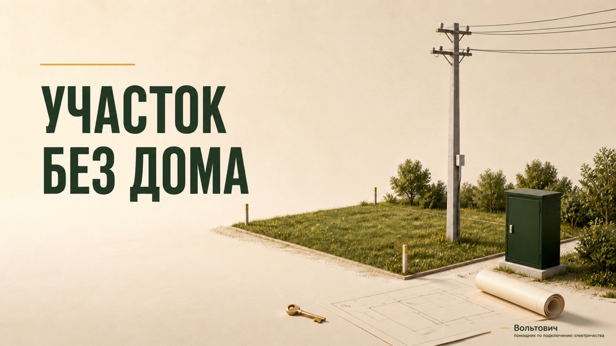 Пустой земельный участок, опора и электрический шкаф для подключения электричества без построенного дома