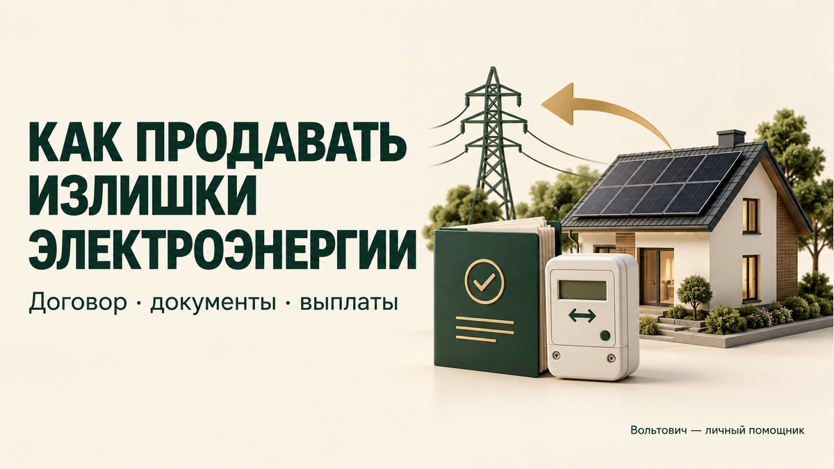 Иллюстрация: дом с солнечными панелями, папка договора и счётчик; стрелки показывают обмен энергией с сетью