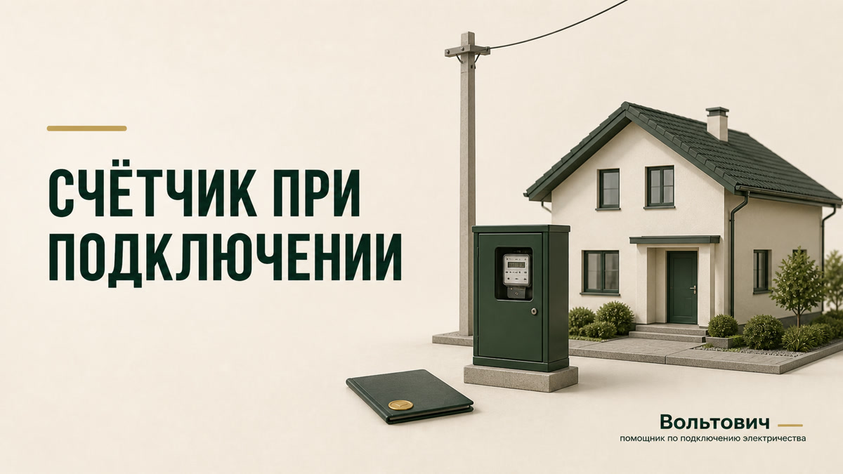Частный дом, опора и шкаф с прибором учёта при новом подключении электричества