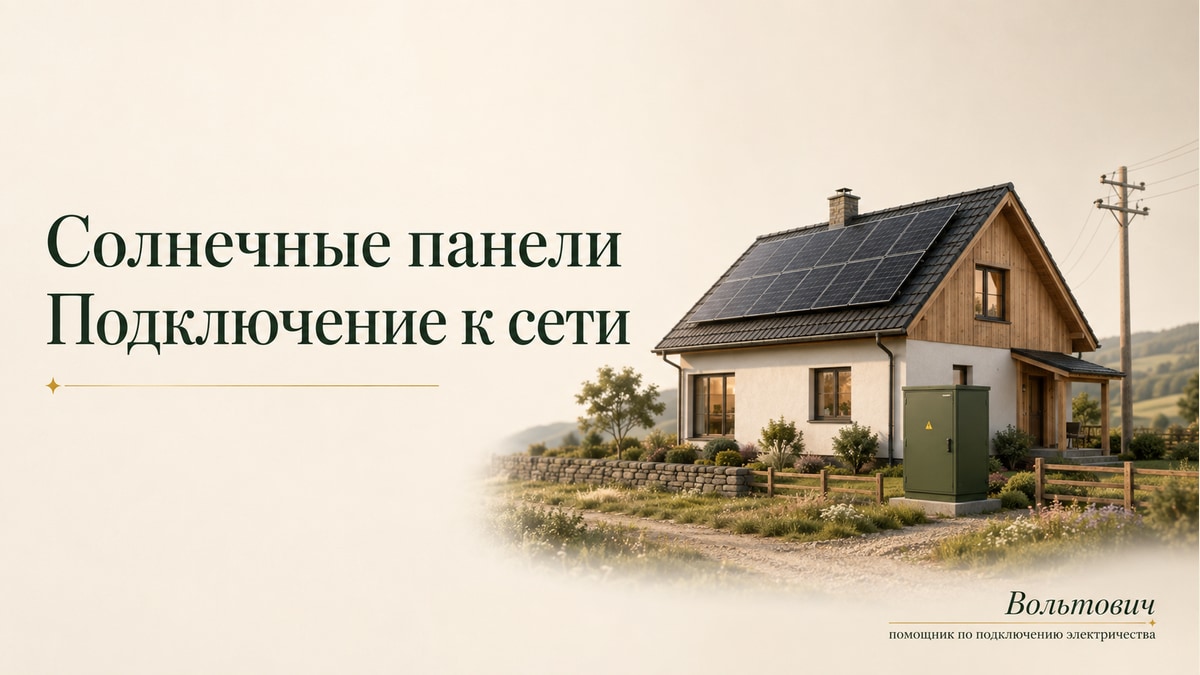 Частный дом с солнечными панелями на крыше и шкафом учёта у границы участка