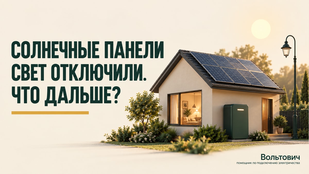 Иллюстрация резервного питания: дом с солнечными панелями и аккумулятором, работающие лампа и роутер; уличный фонарь не горит