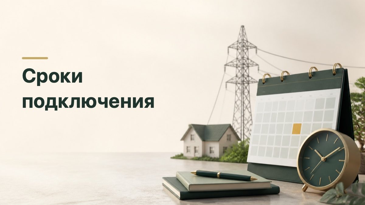 Календарь, часы, дом и линия электропередачи для расчёта срока подключения