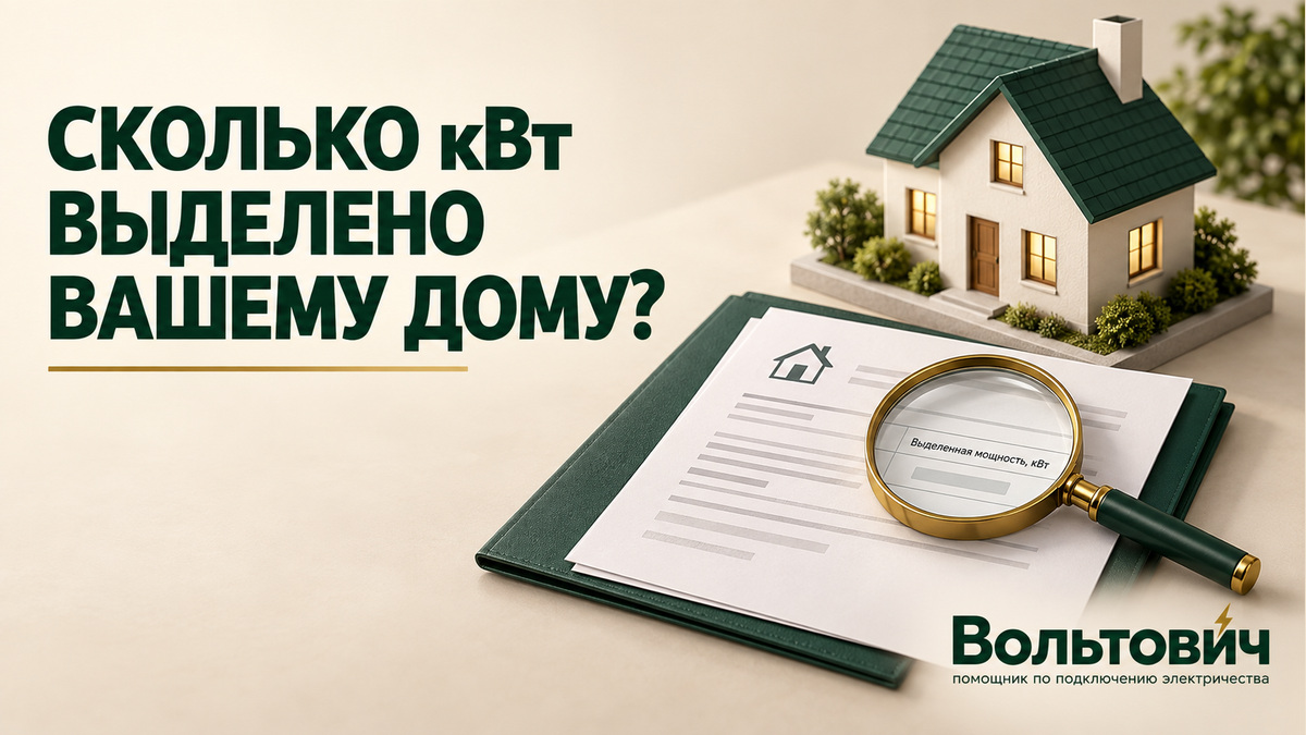 Модель частного дома, папка технических документов и лупа: проверка выделенной электрической мощности