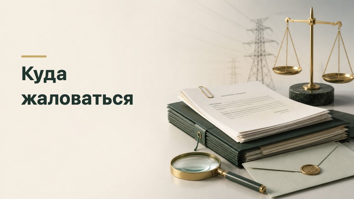Жалоба, доказательства и весы на фоне линий электропередачи