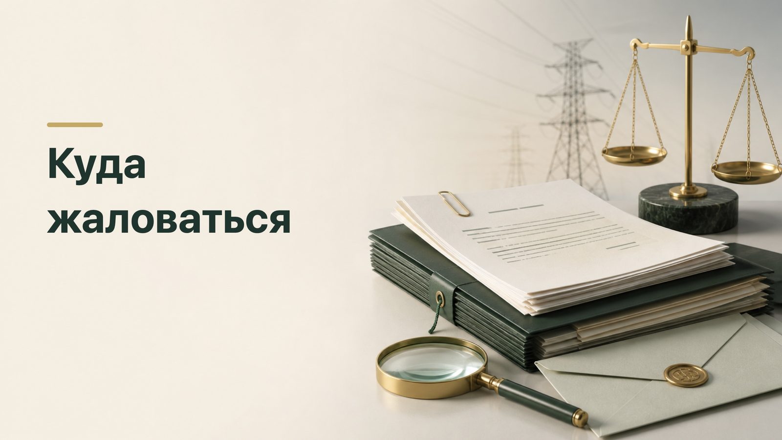 Жалоба, доказательства и весы на фоне линий электропередачи